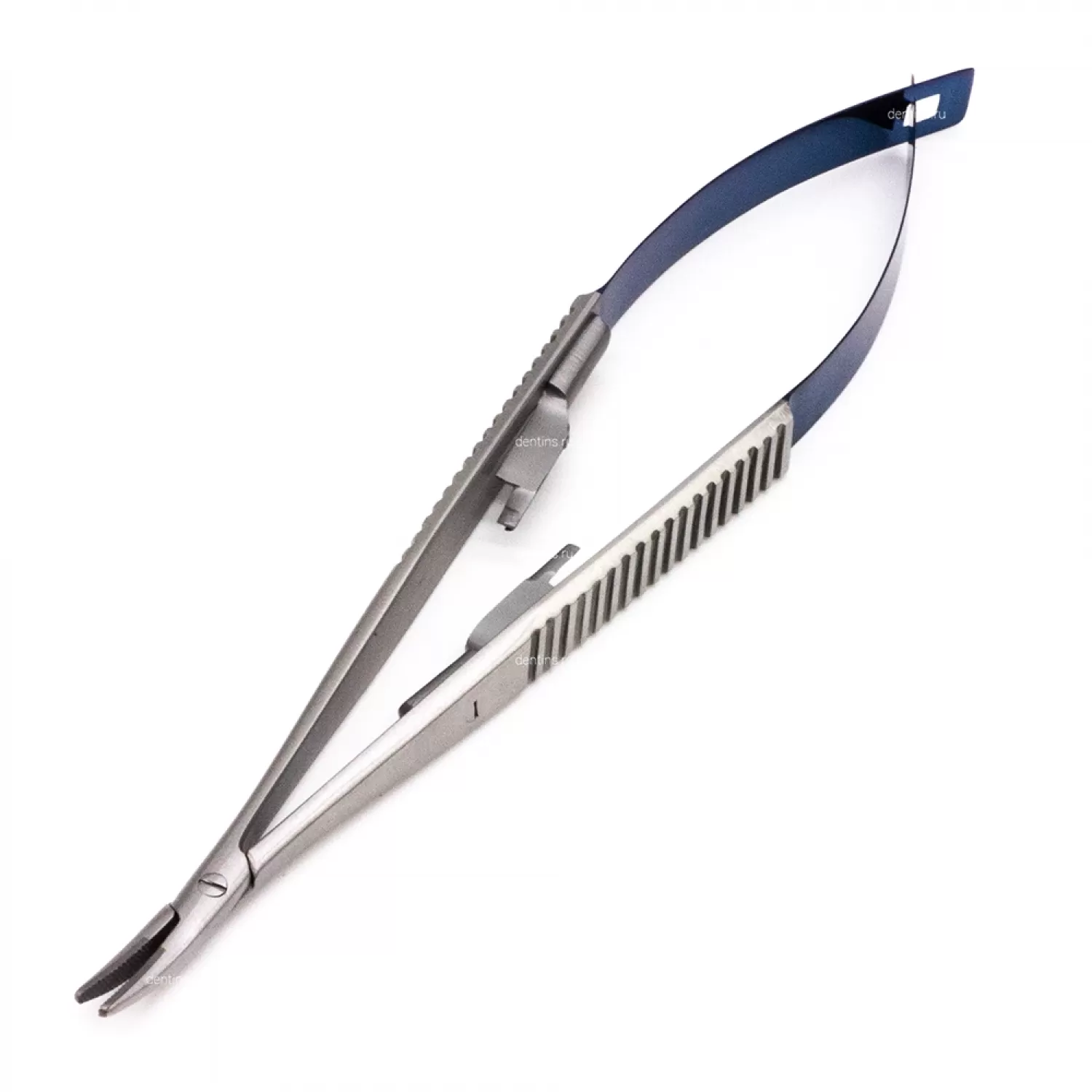 Иглодержатель микрохирургический Кастровьехо (Castroviejo) TC Flat Blue, 14 см, изогнутый
