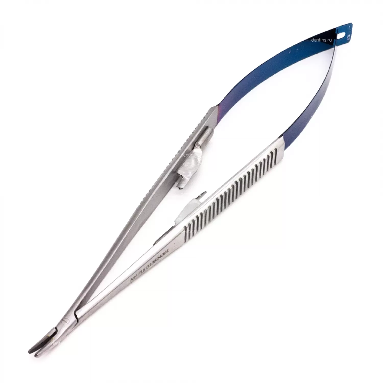 Иглодержатель микрохирургический Кастровьехо (Castroviejo) TC Flat Blue, 18 см, изогнутый